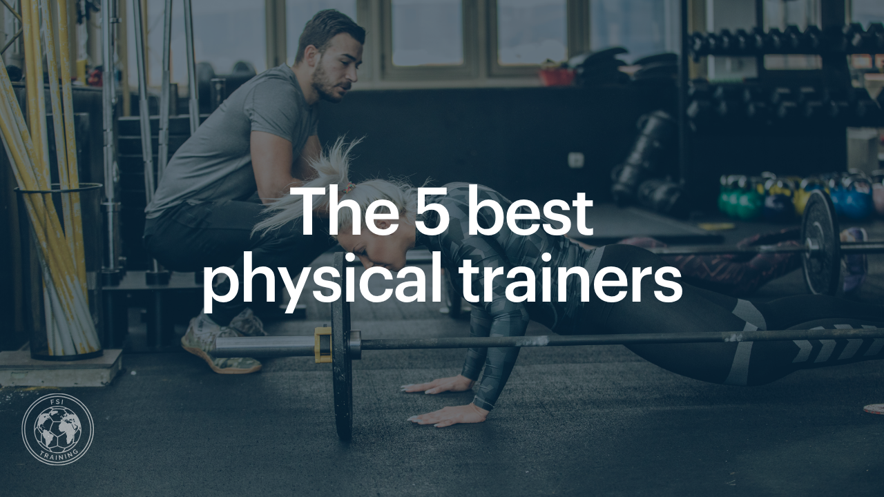 Two people in a gym training with the text "The 5 Best Fitness Coaches in Football"