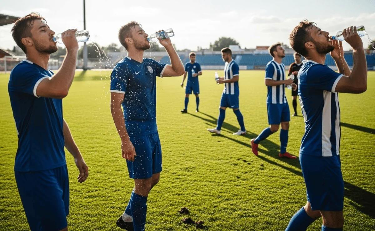 Futbolista hidratándose con una botella de agua durante un entrenamiento de verano para mantener el rendimiento deportivo.