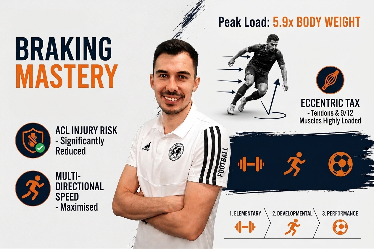 Football player performing a high-intensity deceleration action with biomechanical analysis overlays, illustrating braking mechanics, force production, and movement control.